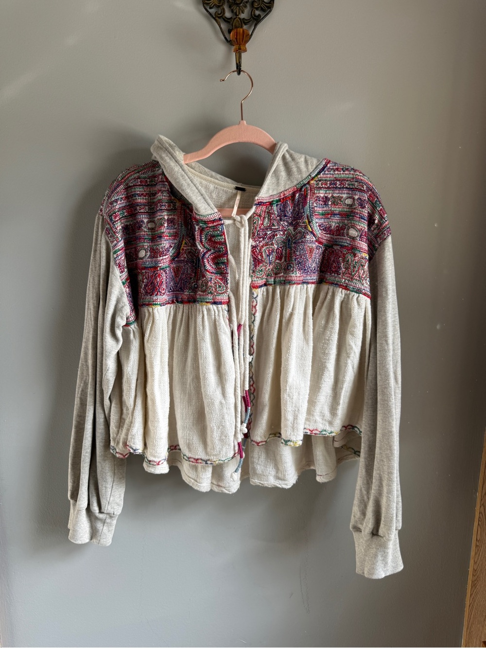 Free People Embroidered Hoodie Swing Cardigan Boho Peplum Jacket Womens M Cream